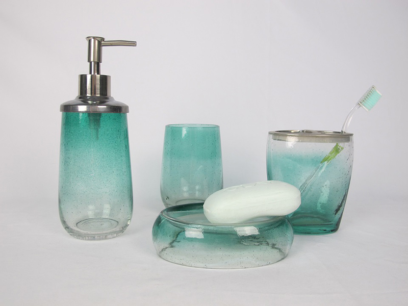GL-BT-190033  Blown Clear Bubble Glass Bathroom Set
